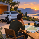 Una persona compara un coche eléctrico con un cargador doméstico y un mapa de viaje